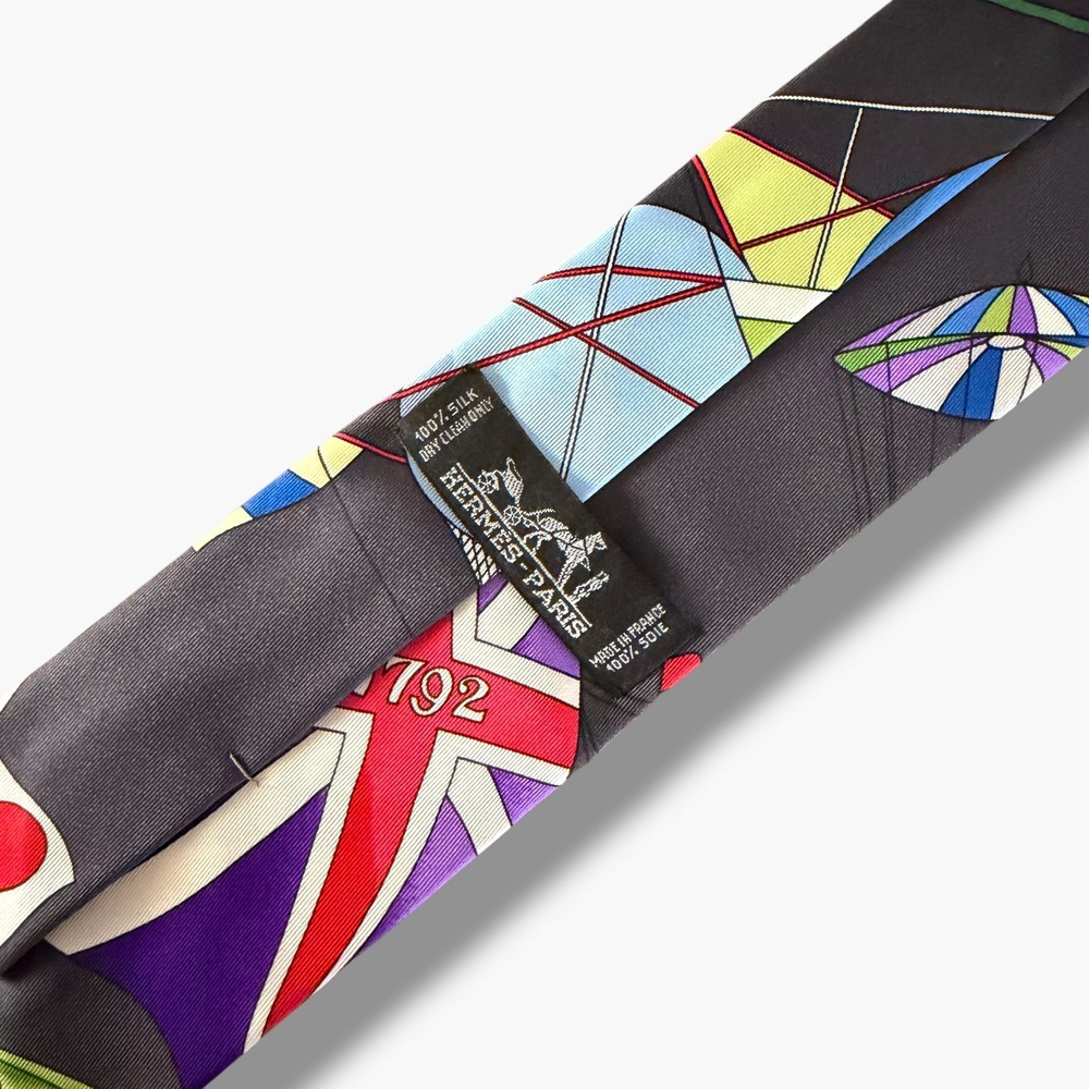 Hermes Silk Tie Mens Grey Multi Hot Air Balloon Aeronautical France